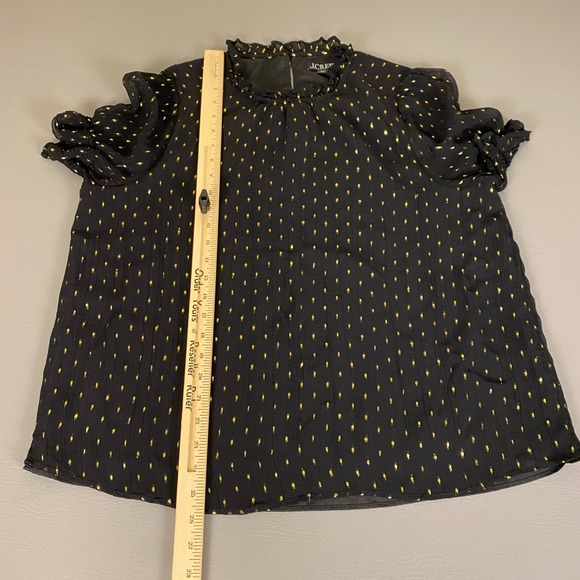 J Crew‎ Blouse Top Women's XL Black & Gold Sheer Ruffle Neck Short Sleeve - Picture 9 of 13